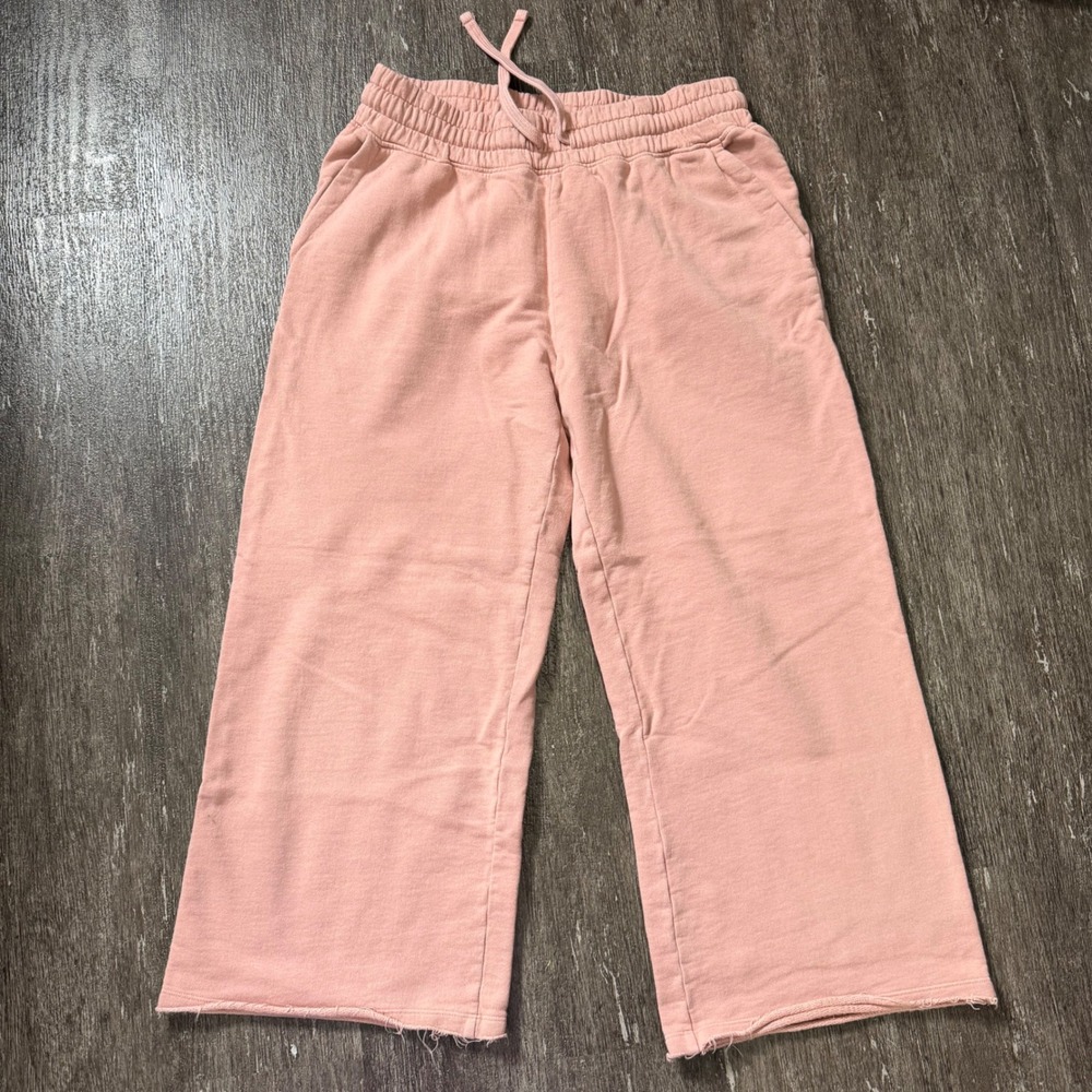 Pact Wide Leg Sweatpants Womens L Pink Organic Cotton Cropped Raw Hem Drawstring